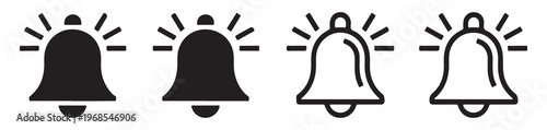 Notification bell icon set with ringing sound effect lines for alert message and mobile app design.