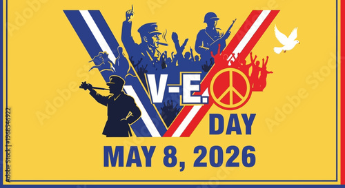 V-E Day Victory Celebration with Military Figures and Peace Symbol isolated on background