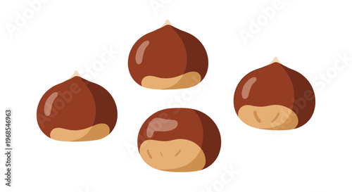 Four whole, unshelled chestnuts are clustered together in a small group on a soft off-white background.