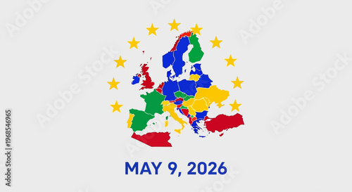 European Union map with colored countries and star emblem, May 9 2026 text, isolated on background