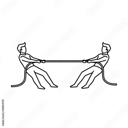 Two people pulling rope, tug of war, competition, strength, vector illustration