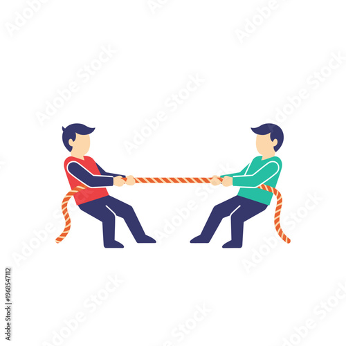 Two men playing tug of war, competition, teamwork, strength, vector illustration