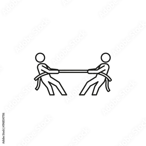 Two stick figures pulling rope, tug of war, competition, vector illustration