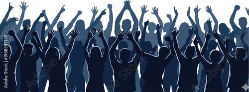 Crowd silhouette background. Cheering audience with raised hands. Group of people at music concert or festival. Vector illustration.