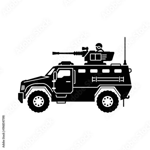 Armored Military Vehicle with Gun Turret and Soldier Silhouette Icon