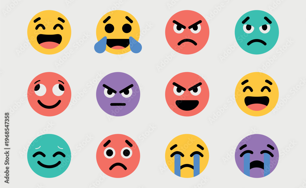 Obraz premium Emoji colorful round faces expressing emotions feelings happiness sadness anger surprise love joy playful digital illustration design