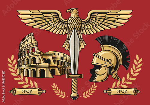 Ancient Roman Empire Illustration with Golden Eagle, Colosseum, Centurion Helmet, Gladius Sword, and SPQR Symbols on Red Background