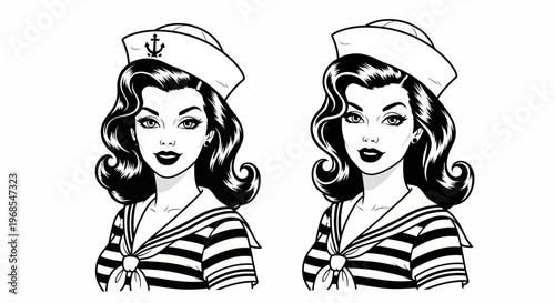 Vintage Sailor Girl Pin-up Illustration - Set of Two Retro Nautical Navy Women in Striped Uniform with Sailor Hat - Black and White Line Art Vector