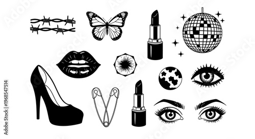 Y2K Aesthetic Sticker Set with Butterfly, Disco Ball, Lipstick, and High Heel; Retro Gothic and Punk Vector Elements Isolated on White