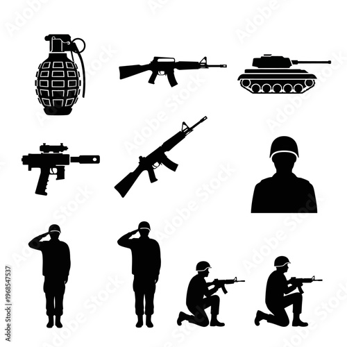 Military Icons: Grenade, Rifles, Tank, Soldier Silhouettes - Vector Set