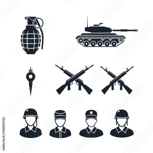 Military Icons Set: Grenade, Tank, Rifles, Soldiers, Helmet, Badge