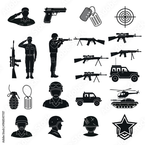 Military Icons Set: Soldiers, Weapons, Vehicles, and Equipment