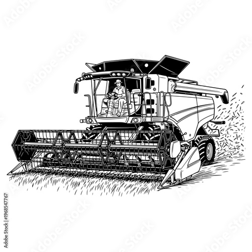 black and white illustration of modern combine harvester harvesting wheat field in agricultural setting