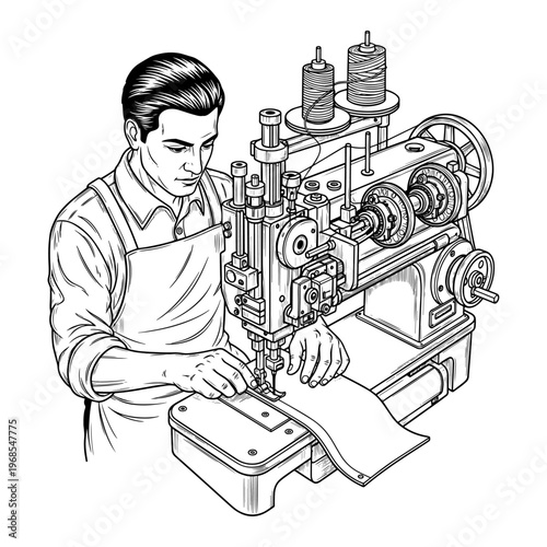 Engineer in lab coat adjusting vintage mechanical engine in workshop with precision tools