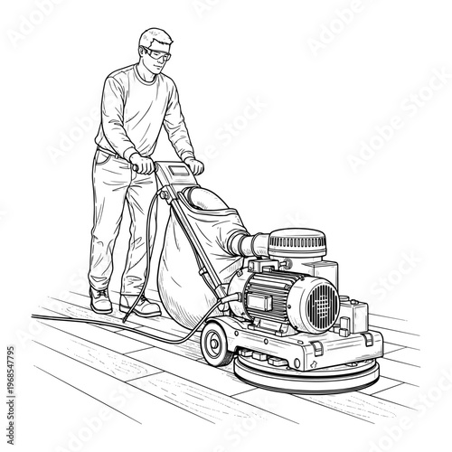 Worker in protective gear operating industrial floor polisher on concrete surface
