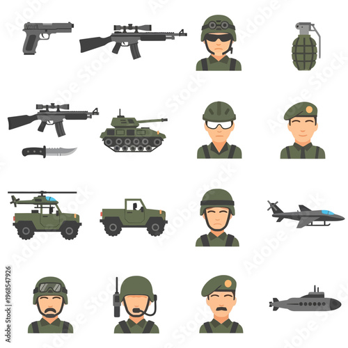 Military Icons: Soldiers, Tanks, Helicopters, Jets, Submarine, Weapons, Grenade