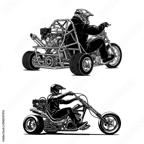 black and white illustration of off-road dune buggy with rider in protective gear on rugged terrain