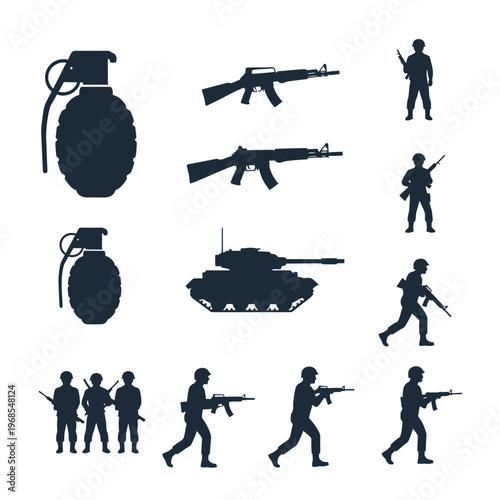 Military Silhouettes: Grenades, Soldiers, Rifles, and Tank