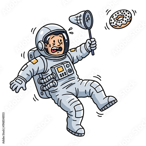 Cartoon astronaut floating in space holding megaphone with flying donut illustration