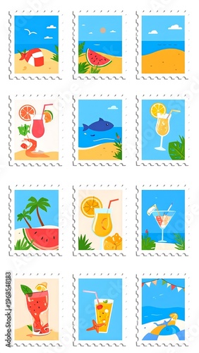 Collection of colorful summer-themed postage stamps. Each stamp features a different scene beaches, drinks, watermelon, and other vacation symbols