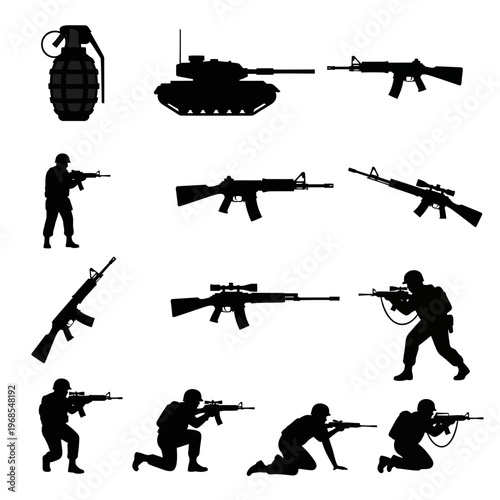 Military Silhouettes: Soldiers, Tank, Grenade, and Rifles Collection