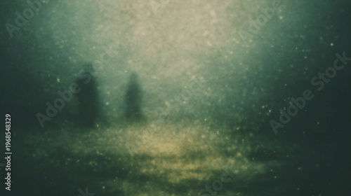 Dark retro haunted aesthetic of an eerie blurred ghost like figures, under water, with soft foggy shadows, texture and copy space