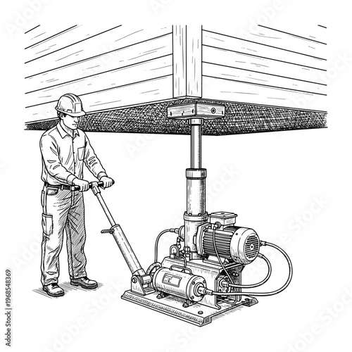 Worker operating vintage concrete floor polisher in industrial workshop setting line art