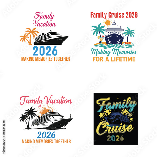 Four cruise vacation designs featuring ships palm trees and the year 2026