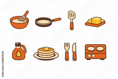 Breakfast cooking utensils and ingredients illustration with pancakes and syrup
