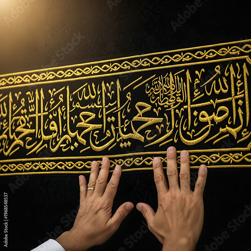 Two pilgrim's hands reverently rest upon the Kaaba's golden Kiswah.