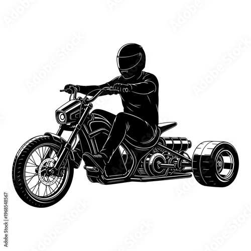 motorcycle rider in black leather gear on custom trike illustration for biker lifestyle and transportation