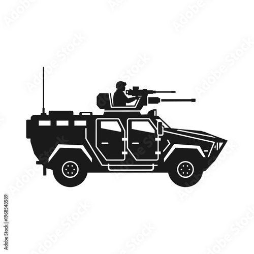 Modern Armored Vehicle with Gun Turret and Soldier Silhouette