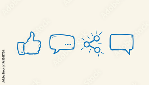 Social media icons like, comment, share and speech bubble on light background.