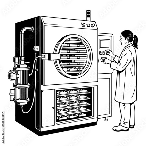 Scientist operating industrial textile drying machine in laboratory setting