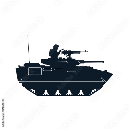 Silhouette of an armored vehicle with a soldier operating a machine gun, military concept