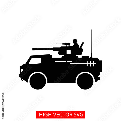 Silhouette of Armored Military Vehicle with Soldier and Gun