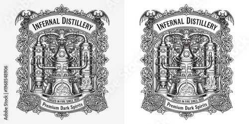 Infernal Distillery Devil Master Distiller with Hellish Flames and Gargoyles