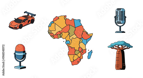 Set of Illustrative Icons Featuring Africa Map, Red Supercar, Retro Microphones, and African Baobab Tree Isolated on White