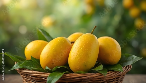 A wicker basket filled with fresh mangoes and green leaves on a wooden table outdoors