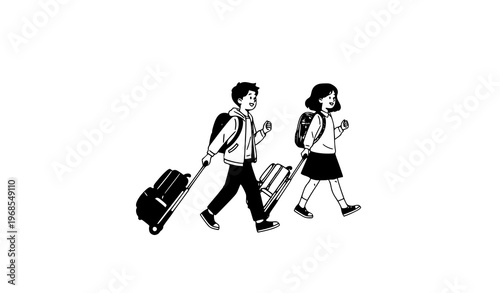 Children with trolley school bags walking to school vector back to school illustration