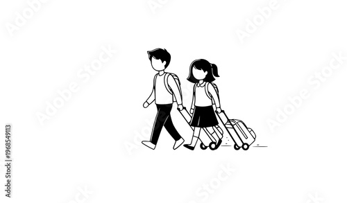 Back to school children walking with rolling backpacks vector illustration