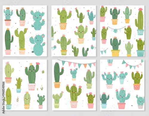 Collection of cute, illustrated cacti in pots on various backgrounds with cheerful faces and festive decorations