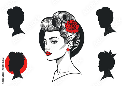 Vintage Pin-up Woman Portrait with Victory Roll Hairstyle and Red Rose; Retro Beauty Illustration and Profile Silhouettes Set