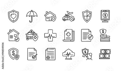 Insurance outline icons set protection safety and coverage symbols for web and app eps10