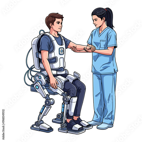 Young man in robotic exoskeleton leg rehabilitation with physical therapist assistance in medical clinic