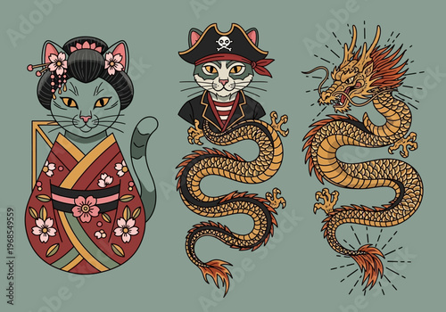 Japanese Themed Cat and Dragon Character Set featuring Geisha Cat, Pirate Dragon Feline, and Traditional Eastern Dragon Illustration in Tattoo Style