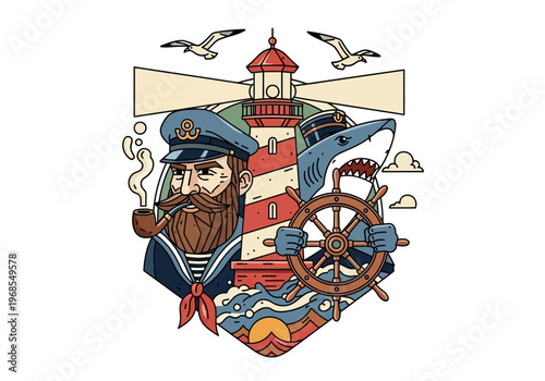 Nautical Adventure Illustration Featuring Sea Captain Shark at Helm and Lighthouse Graphic