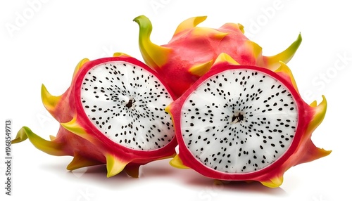 A vibrant dragon fruit cut open to reveal its white interior with black seeds