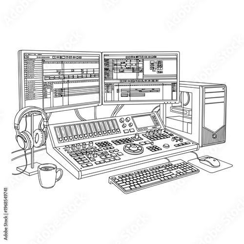 line art illustration of vintage computer workstation with keyboard monitor mouse and desk setup