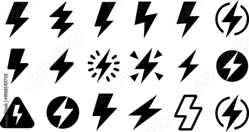 Various stylized lightning bolt icons in different shapes and designs
